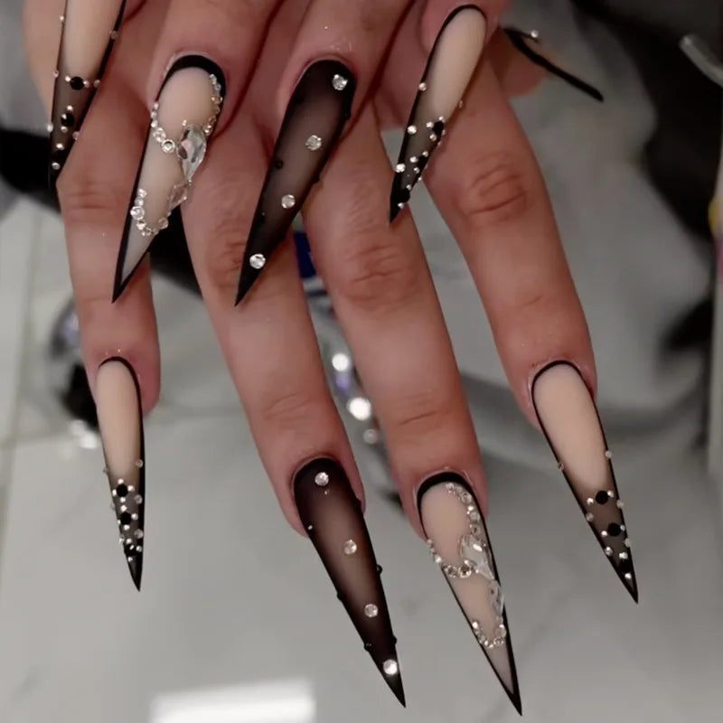 24Pc Leopard Print French False Nails Long Stiletto Press on Nails with Steel Ball Fake Nail Sweet Cool Detachable Nail Tips Art