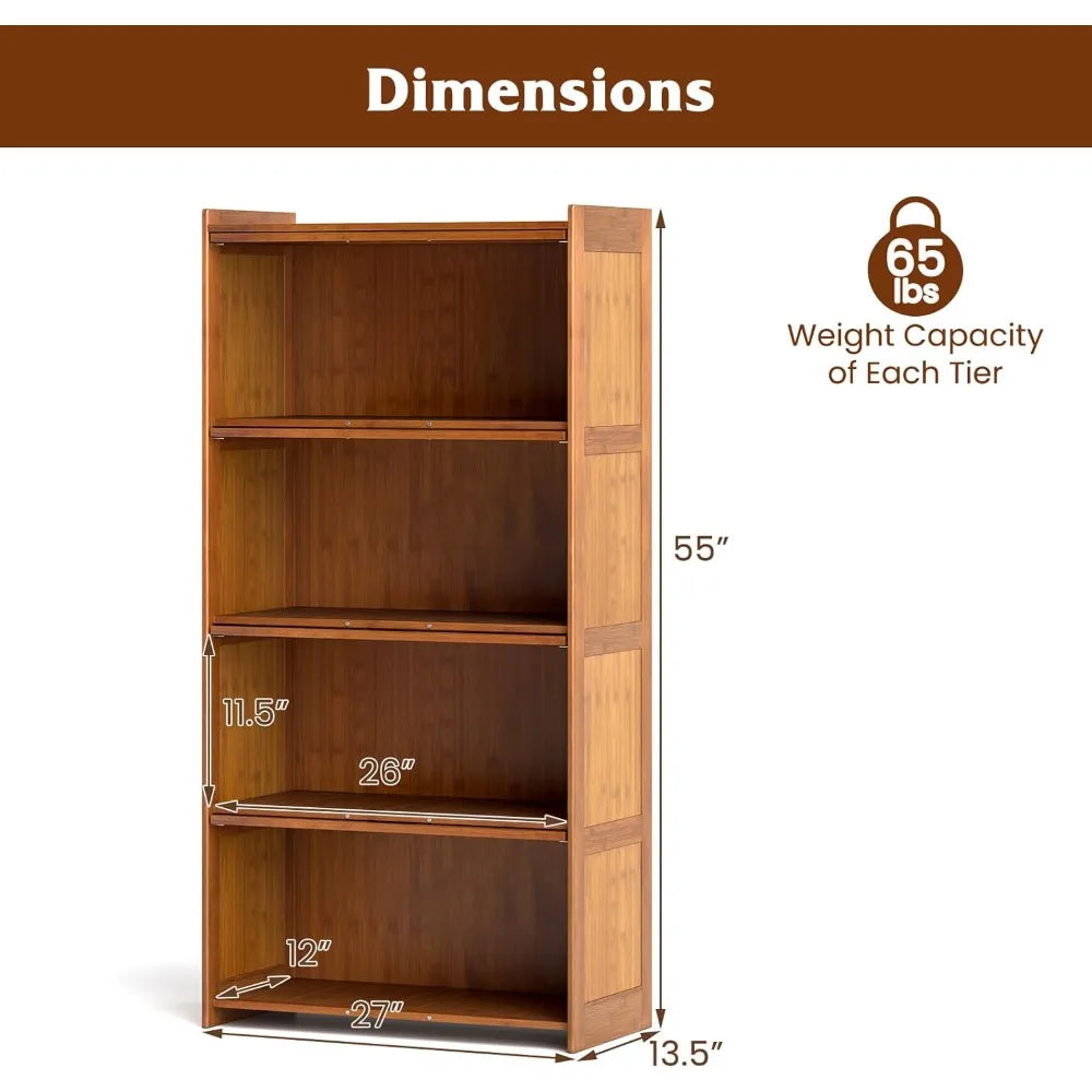 4-Tier Bookcase with Clear Doors, 55" Bamboo Bookshelf with Flip-up Acrylic Doors, Freestanding Cube Storage Organizer with She
