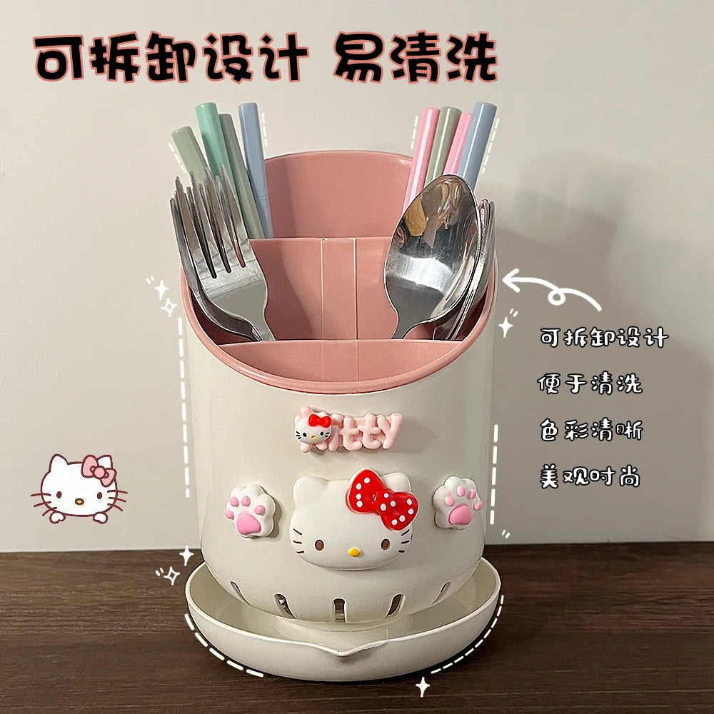 Cute Hello Kitty Kitchen Chopstick Tube Kawaii Cartoon Drain Tableware Chopstick Box Spoon Fork Rack Desktop Storage Tube