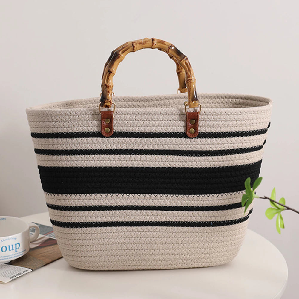 Beach Vacation Bags Bamboo Handle Women Weaving Bag Large Capacity Striped Portable Casual Fashion Exquisite for Seaside Party