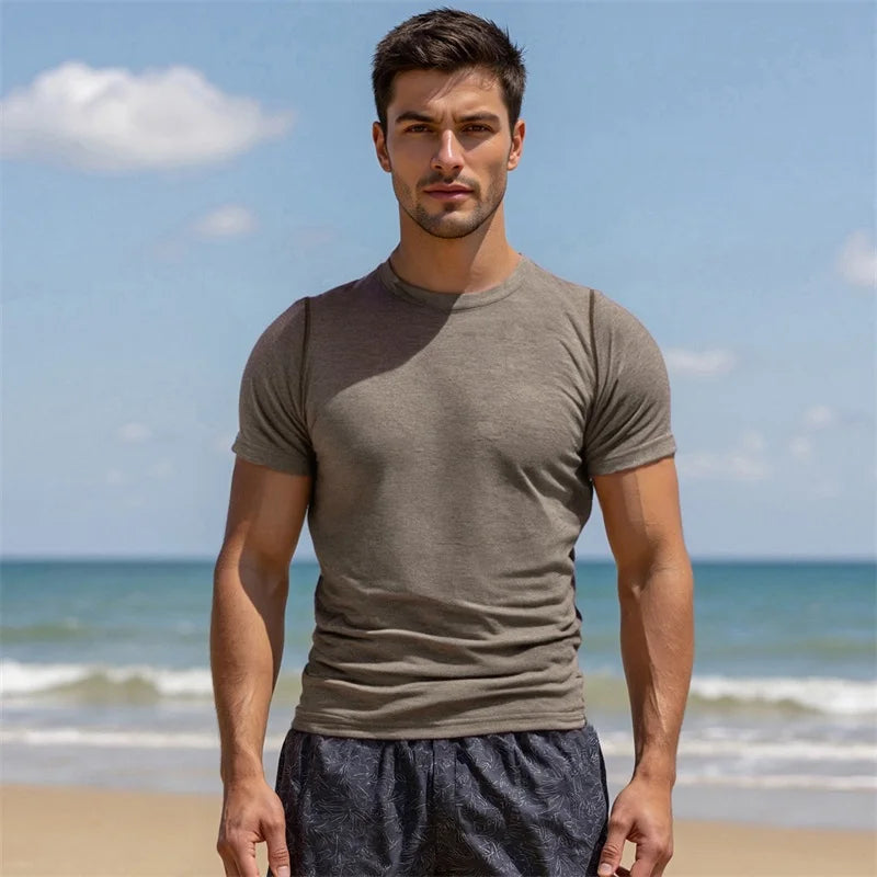 Men s Reversible Round Neck Short Sleeve T-Shirts with Stitching Detail - Casual  Fit Tops for Summer Fashion