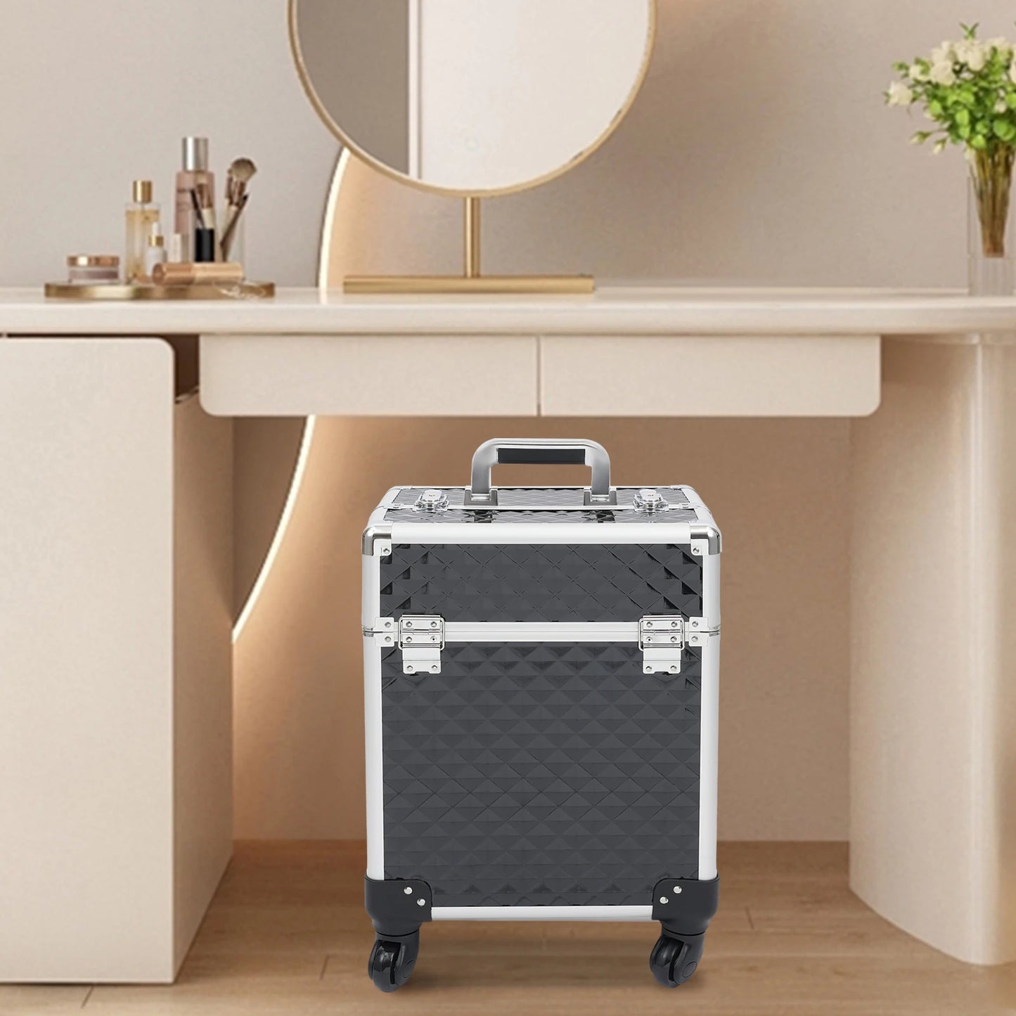Professional Rolling Makeup Case - Black, Multi-Functional with High Load Capacity