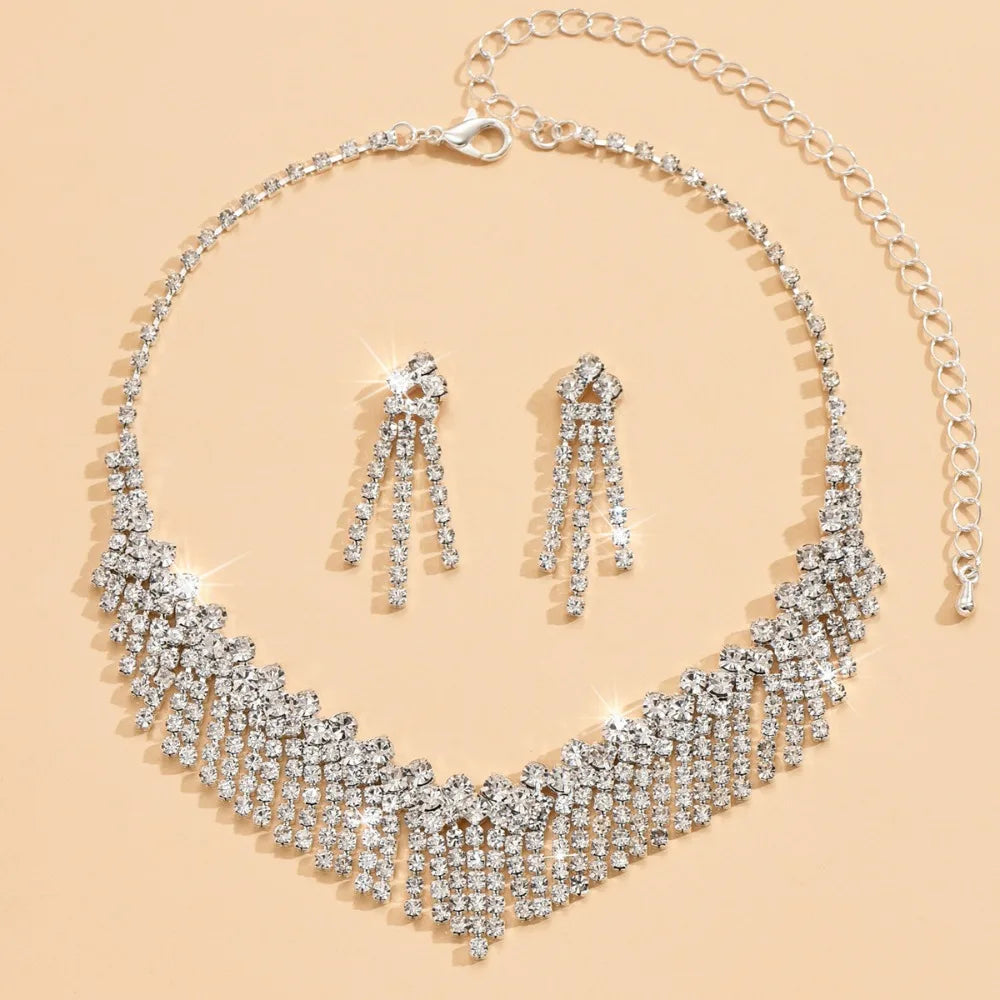 Wedding Party Crystal Rhinestone Jewelry Set Shining Diamond Earrings Tassels Exquisite Necklace Women