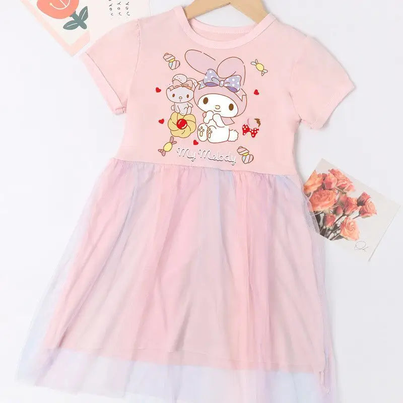 Sanrio Kuromi Girls Fashion Short Sleeve Dresses Summer Cute Cinnamoroll Melody Print Princess Dress Kids Birthday Clothes
