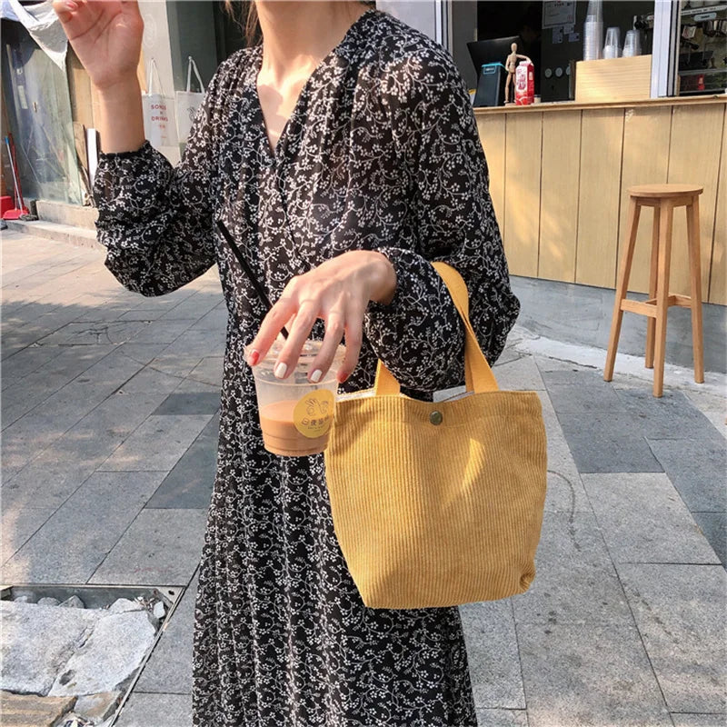Cute Corduroy Shopper Tote Bag Woman Girls Lady Travel Shopping Cloth Handbags Lunch Bag Small Portable Hand Pouch Bag Organizer