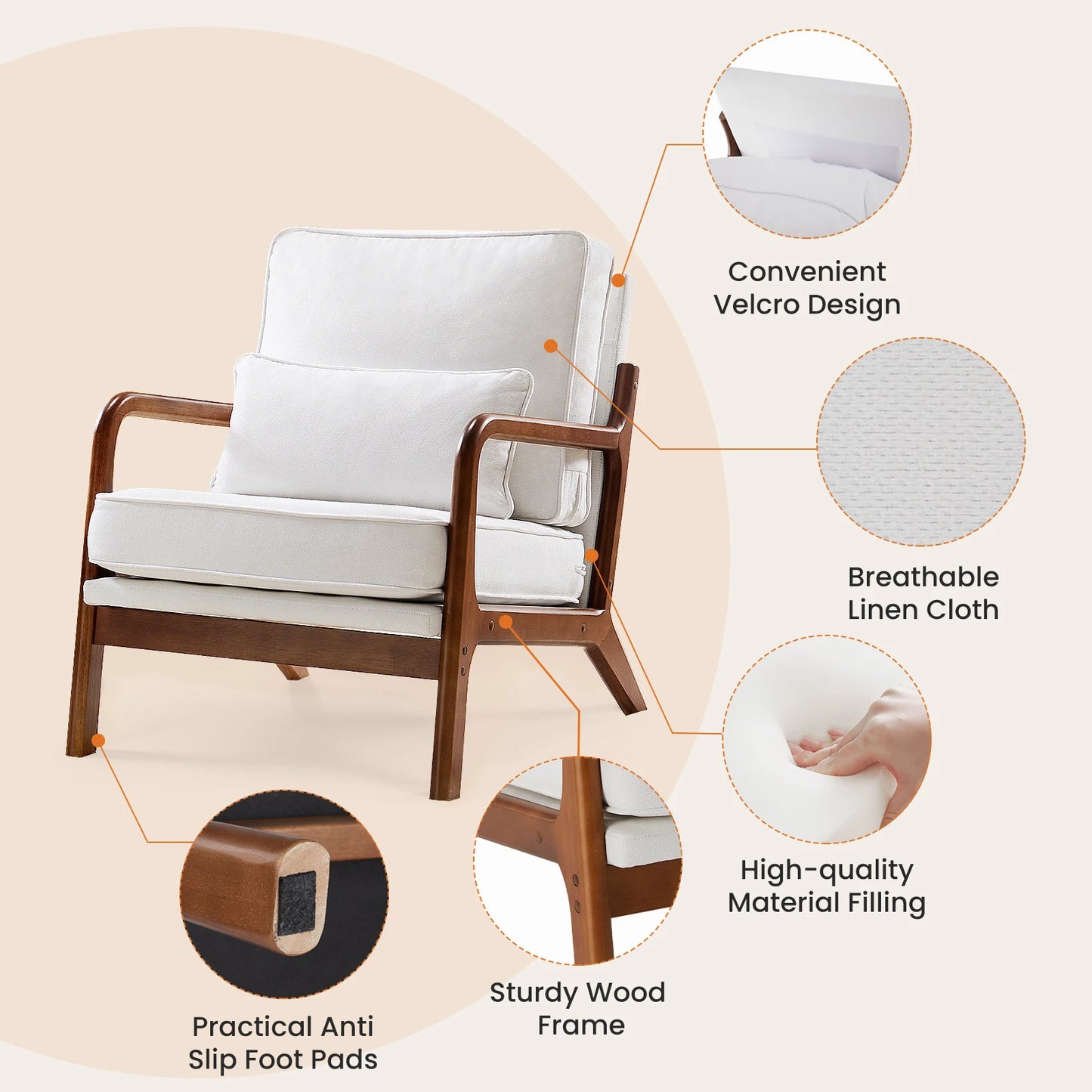 JHK Mid Century Single Living Room Sofa with Lumbar Pillow Upholstered Comfy Reading Chair With Wood Frame For Bedroom