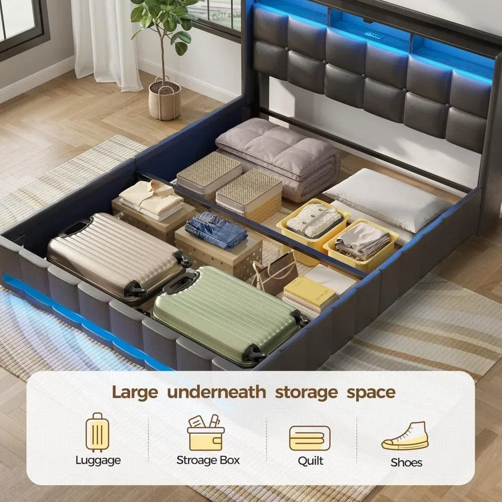 bed. Bed Frame Twin Size with Lift Up Storage, Charging Station & LED Lights, Upholstered Storage Headboard, Heavy Duty Wooden