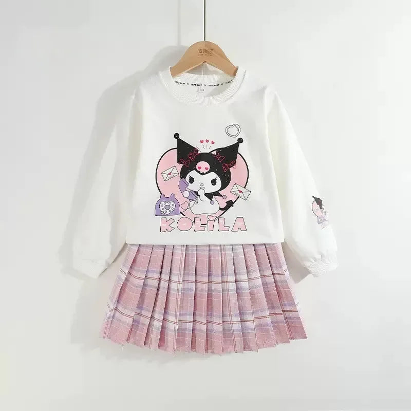 Anime Sanrio Children Clothes Kids Set Kuromi Long Sleeved Sweater Tops Checkered Pleated Skirt Girls Festival Clothing Gift