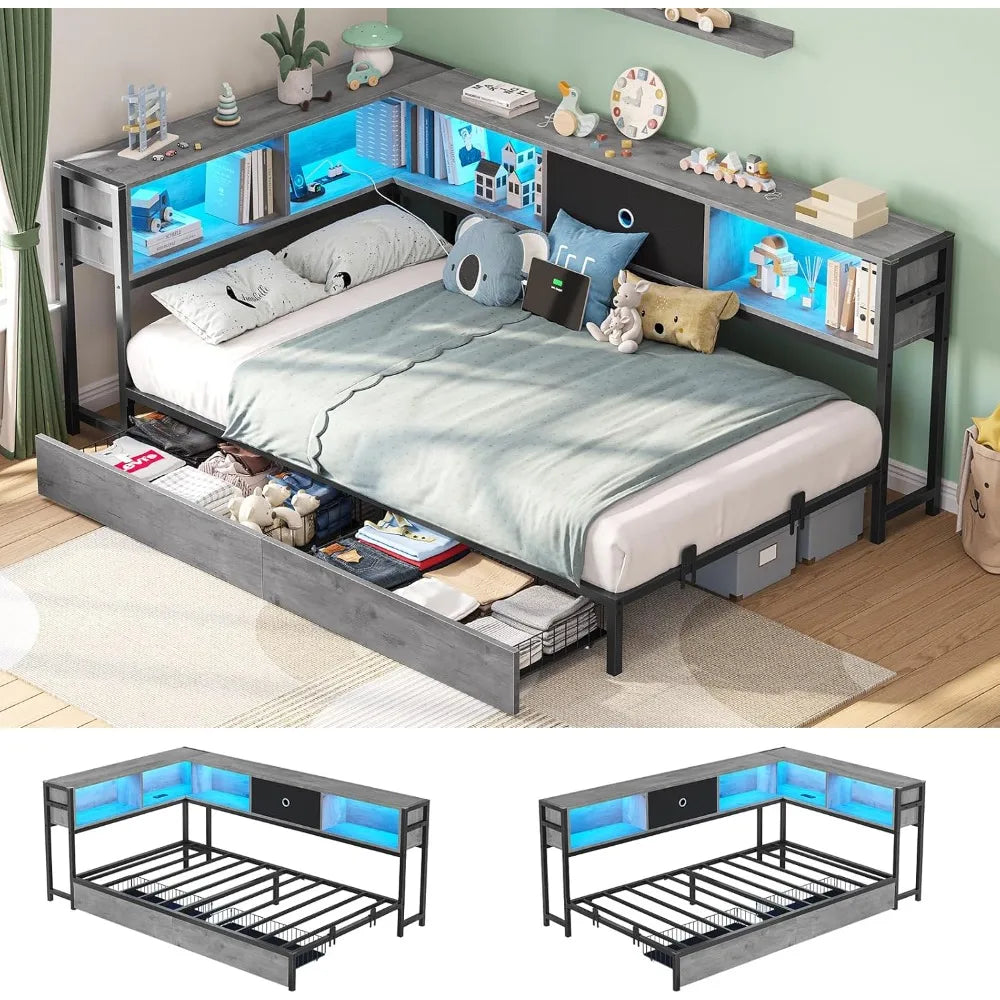 Corner Bed Frame with Storage Bookcase, Twin Daybed with Storage Drawers Underneath, Kids Bed Unit with Charging Station