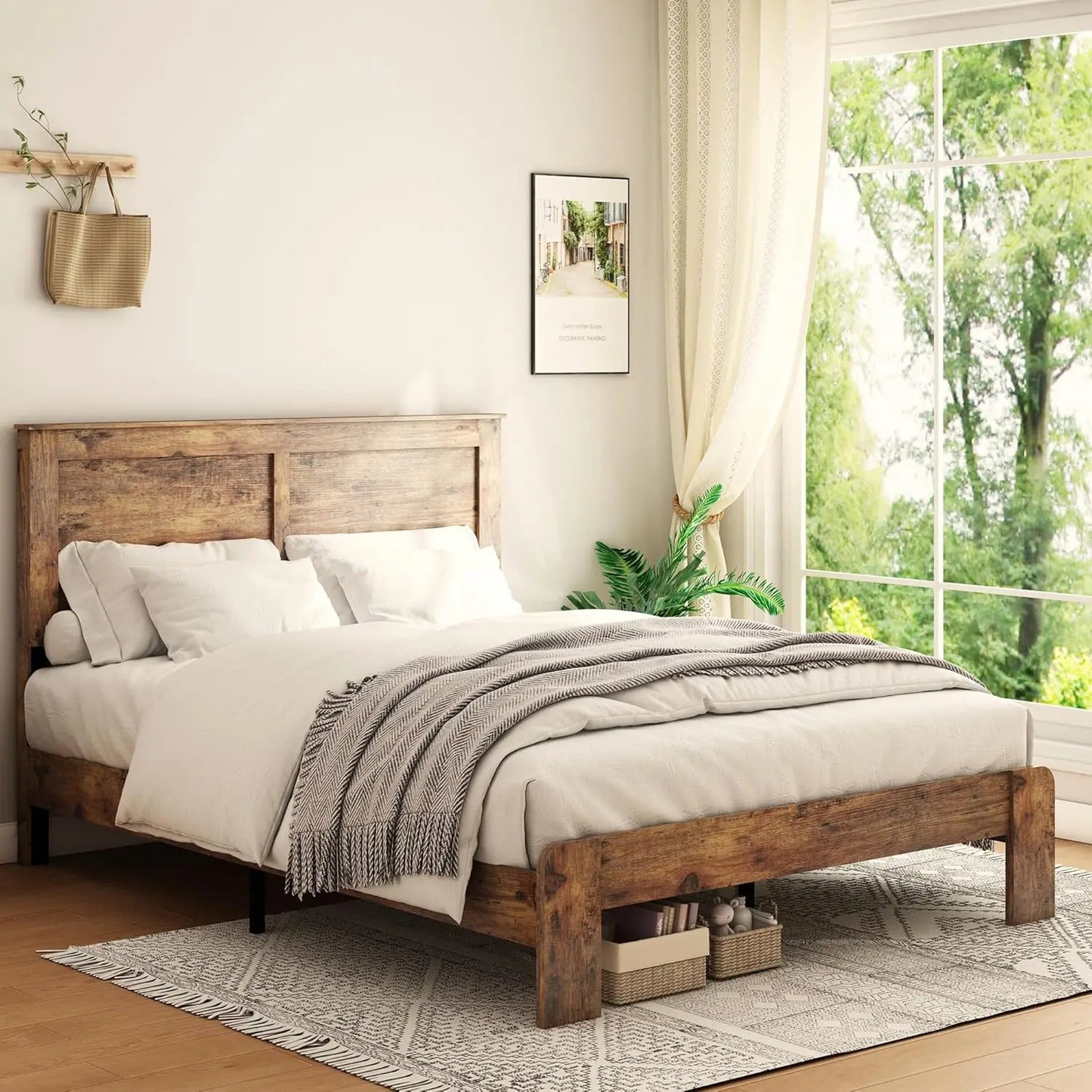 Bed Frame, Rustic Vintage Platform Bed Frame with Wood Headboard and Footboard, 12 Wood Slats Support
