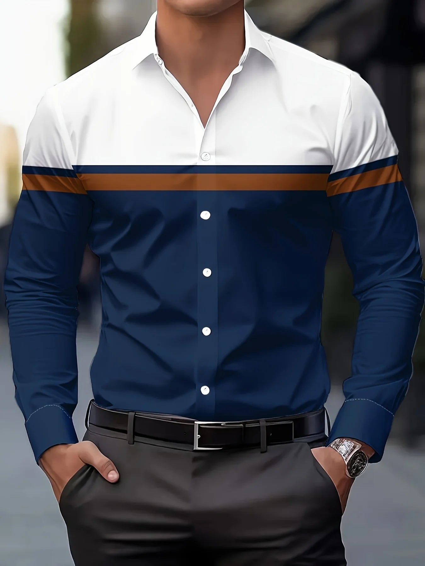 Men's Color Blocked Lapel Collar Design Dress Shirts, Long Sleeve Casual Button Up Shirt For Formal Occasions simple design
