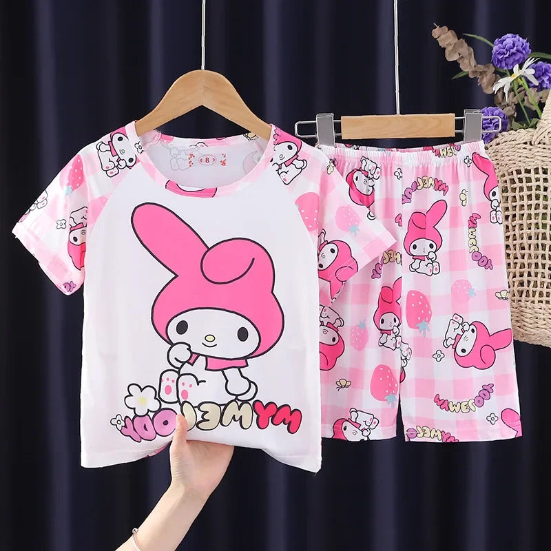 Cartoon Melody Summer Pajamas for Girls and Boys Short Sleeved Comfortable Sleepwear and Home Clothing Set for Kids Teenagers