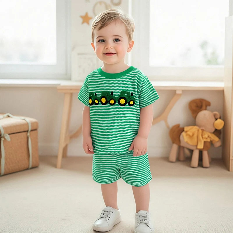Toddler Boys 2-Piece Outfit Short Sleeve Dinosaur Print T-shirt with Denim Shorts Summer Set for Little Boys