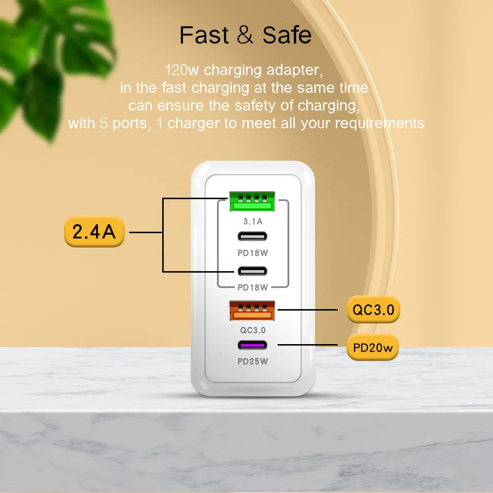 120W 5 in 1 2 USB 3 Type C Quick Charging Fast Wall Charger For iPhone Samsung Xiaomi Huawei Oppo Mobile Phone Adapter