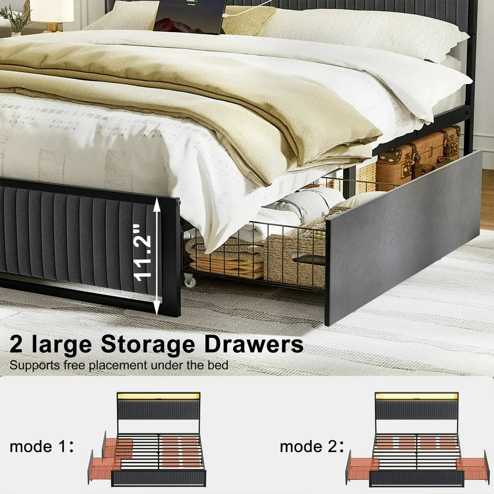 Bed Frame with Headboard, Platform Bed with 2 Drawers, Velvet Upholstered Bed Frame with LED Lights & Charging Station, Beds