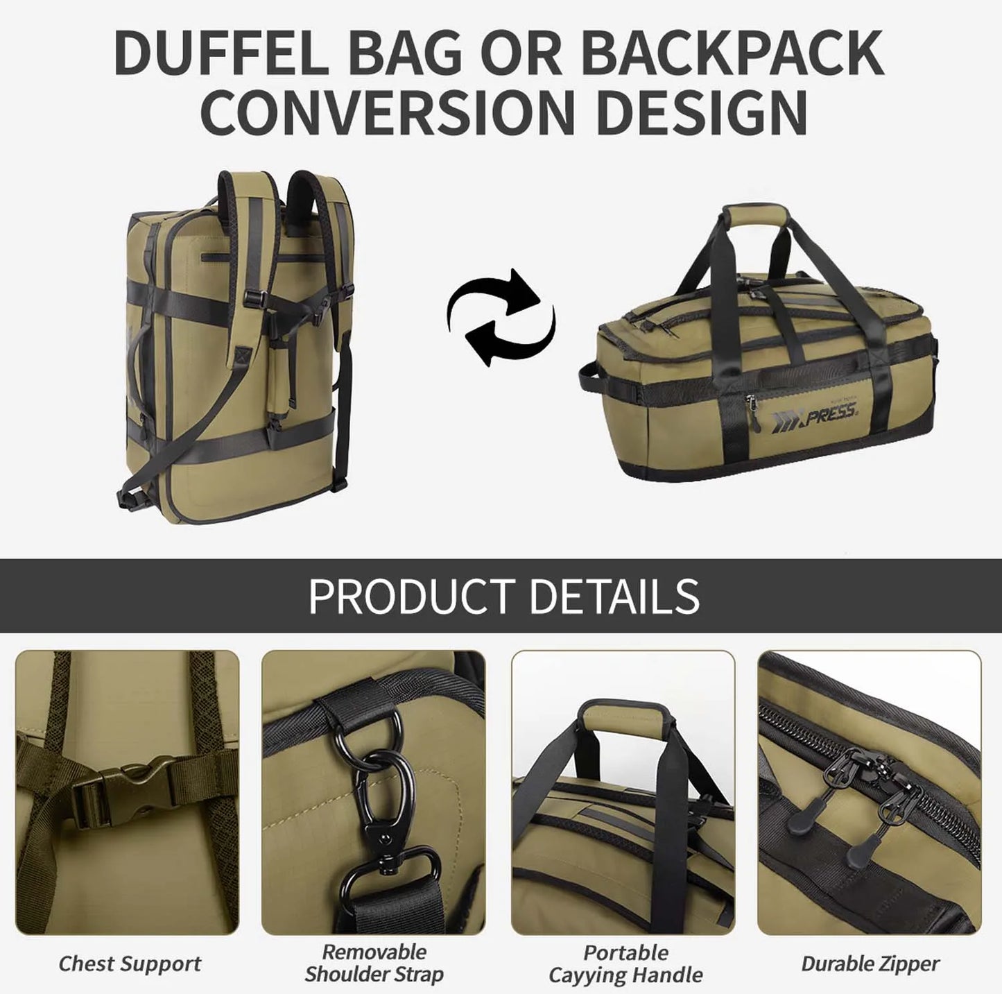 2in1 Travel Backpack Duffle Convertible Duffel Bag with Backpack Straps 40L Large Capacity Luggage Backpack Trip Sport Training
