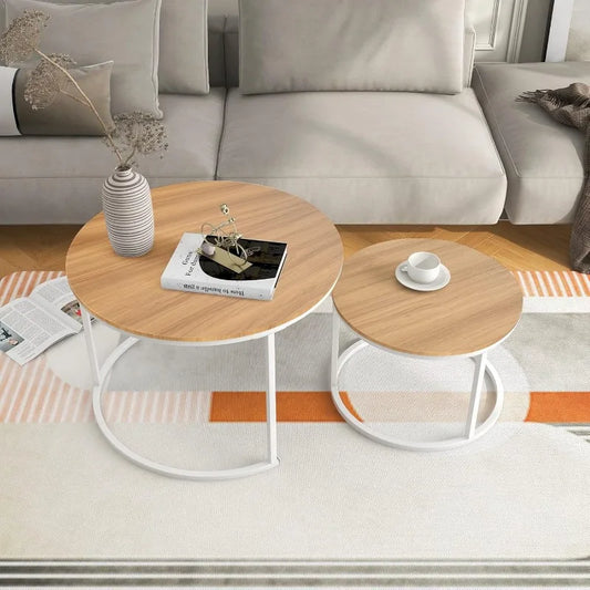 Industrial Round Coffee Table Set of 2 End Table for Living Room,Home Office,Stacking Side Tables,Wood Look Accent Furniture