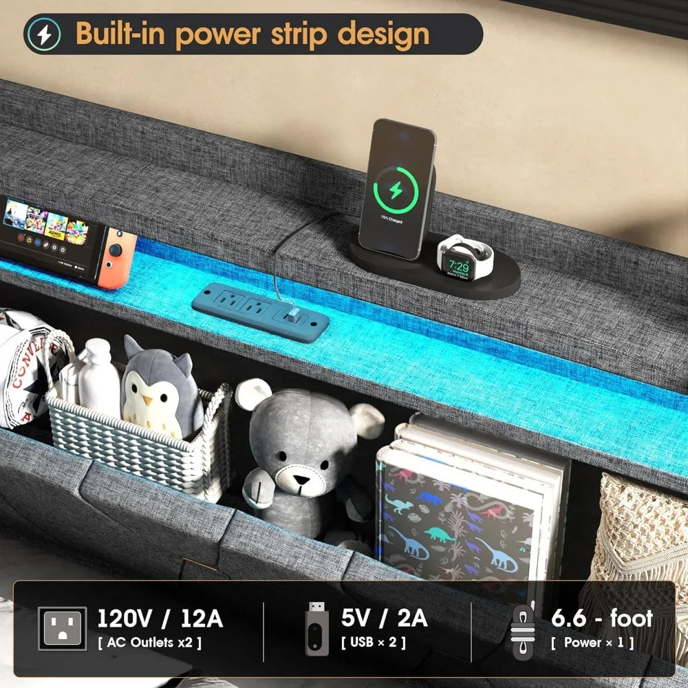 Fameill Full Size Lift Up Storage Bed Frame, Storage Headboard with Charging Station, LED Lights Upholstered Platform Bed, No Bo