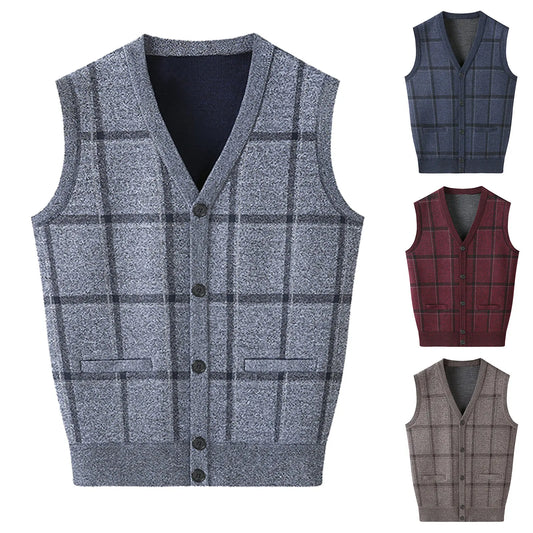 Mens Autumn Winter Casual Fashion V Neck Sleeveless Knit And Fleece Vest Sweater Vest Sweatshirt Cardigan