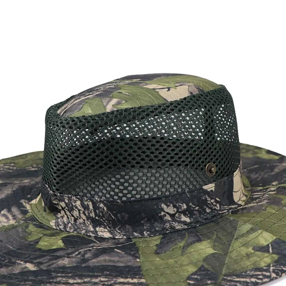 Outdoor Sunhat Hunting Fishing Cap Outdoor Wide Brim Sun Cap Mesh Breathable Camouflage leaves Hat Man Sun Cap