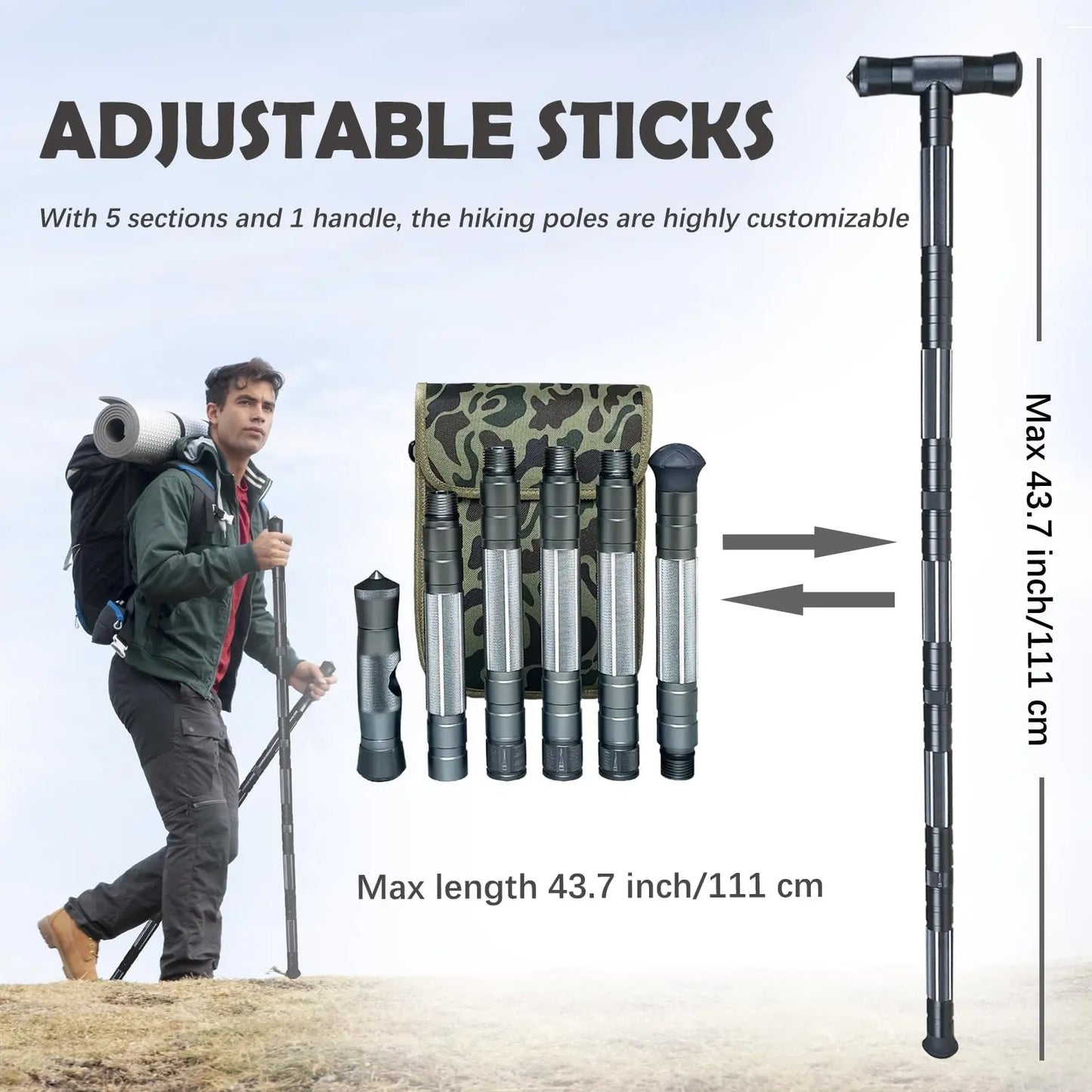 Multifunction Trekking Poles Mountaineering Collapsible Telescopic Sticks Lightweight Walking Hiking Stick Climbing Stick