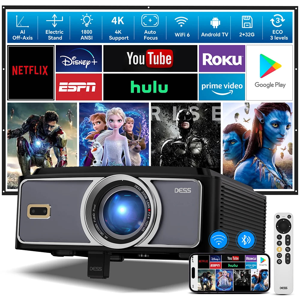 DESS Full HD 1080P Native Video Projector C5 Pro Home Theater Projectors Portable 4K Bluetooth And Wifi Smart TV Auto Focus