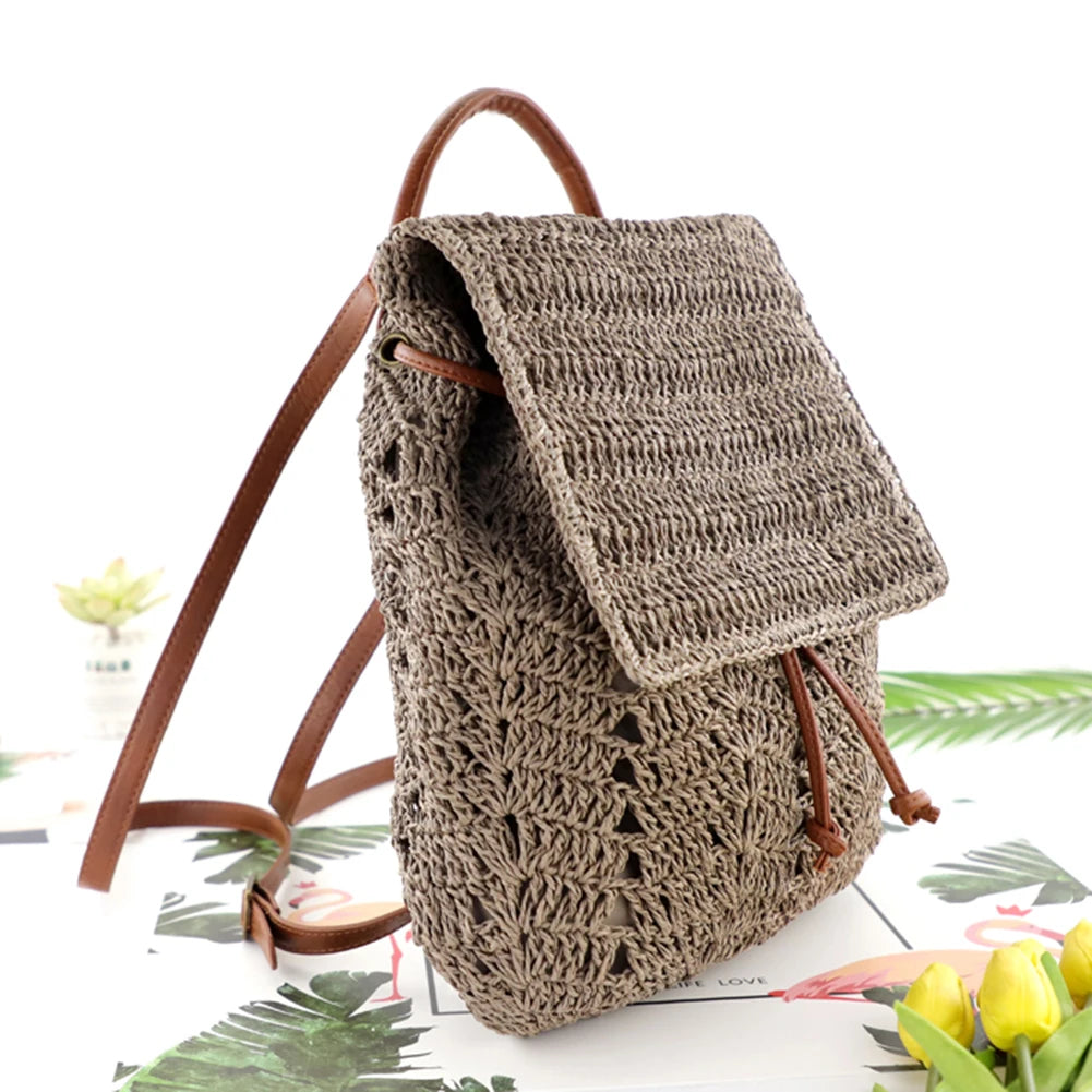 Women Straw Backpack Shoulders Bag Handmade Woven Casual Beach Top Handle Bag