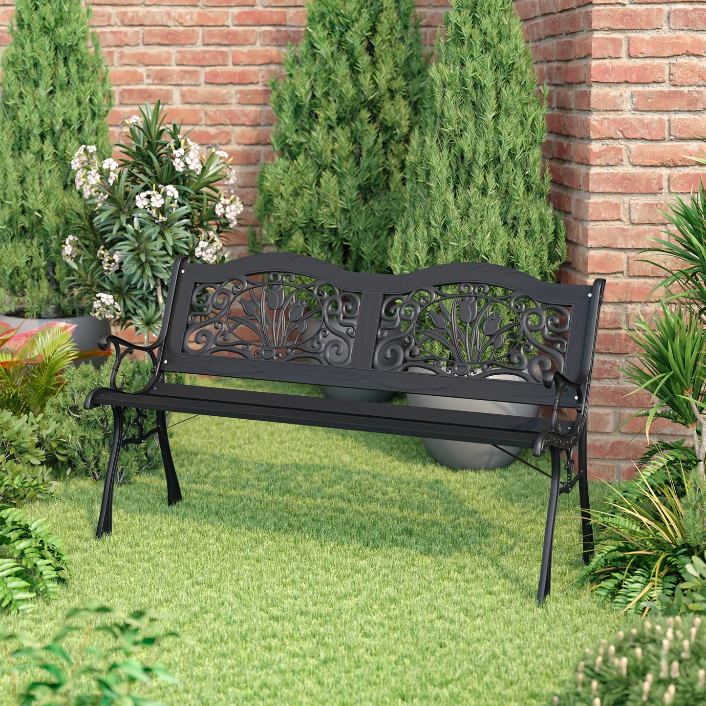 【Breeins】Black Metal Frame Wood Garden Bench