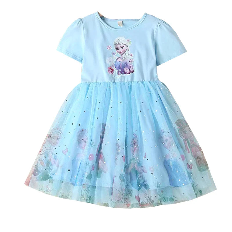 2025 New Disney Summer Kids Dress Clothes Pretty Girls Dresses Frozen Elsa Anna Princess Party Costume For Children Clothing