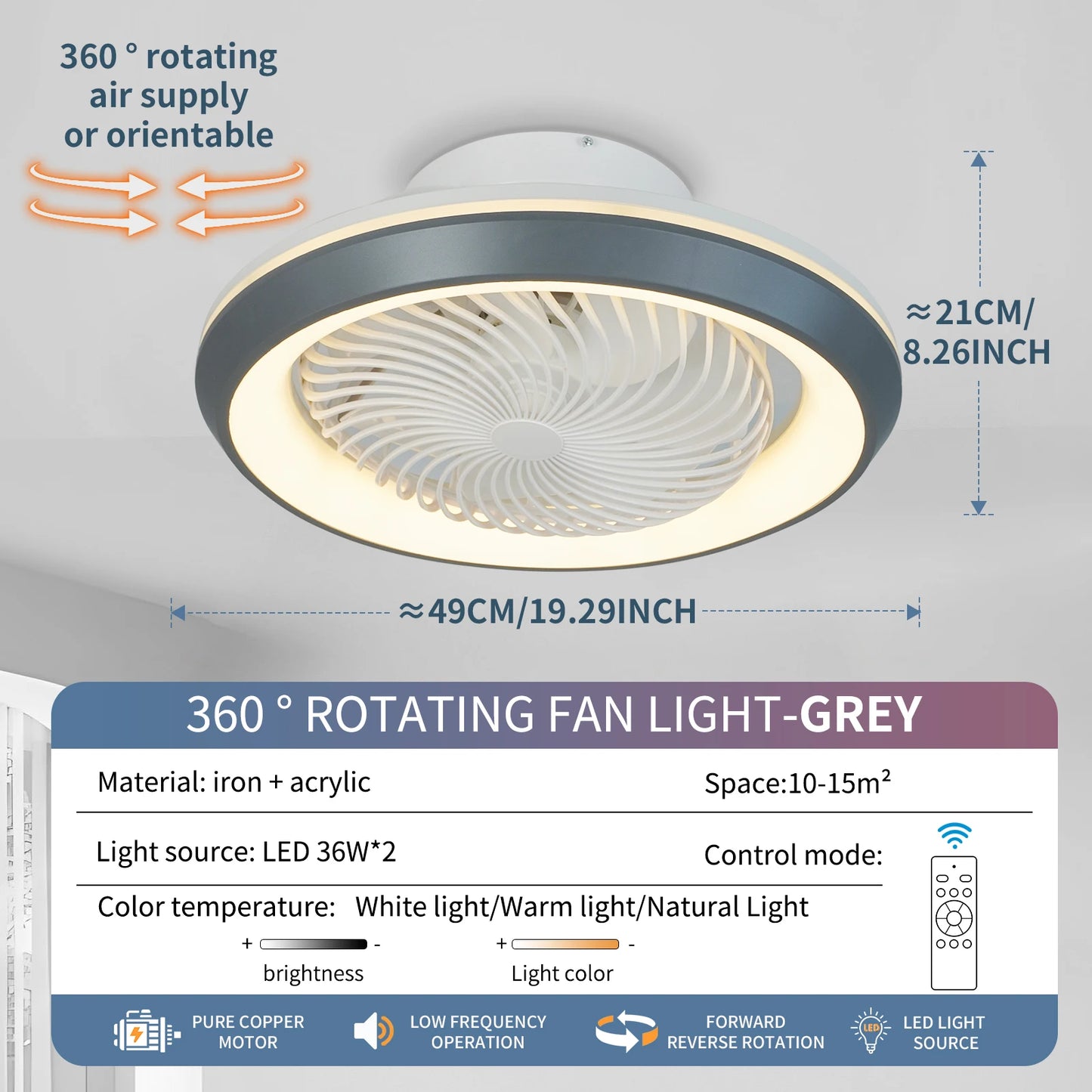 20"49cm Ceiling Fan Led Light 360° Degree Rotating Electric Circulite Sealing Fan 3CCT RC Lighing Modern Flush Mount For Bedroom