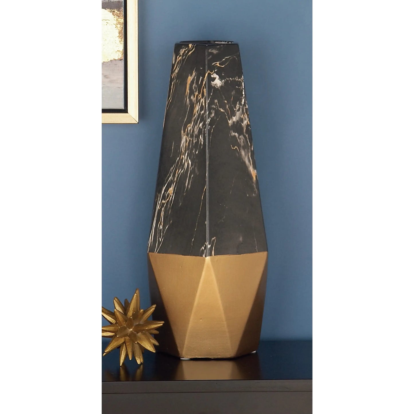 18 Faux Marble Dark Gray Ceramic Vase with Gold Base