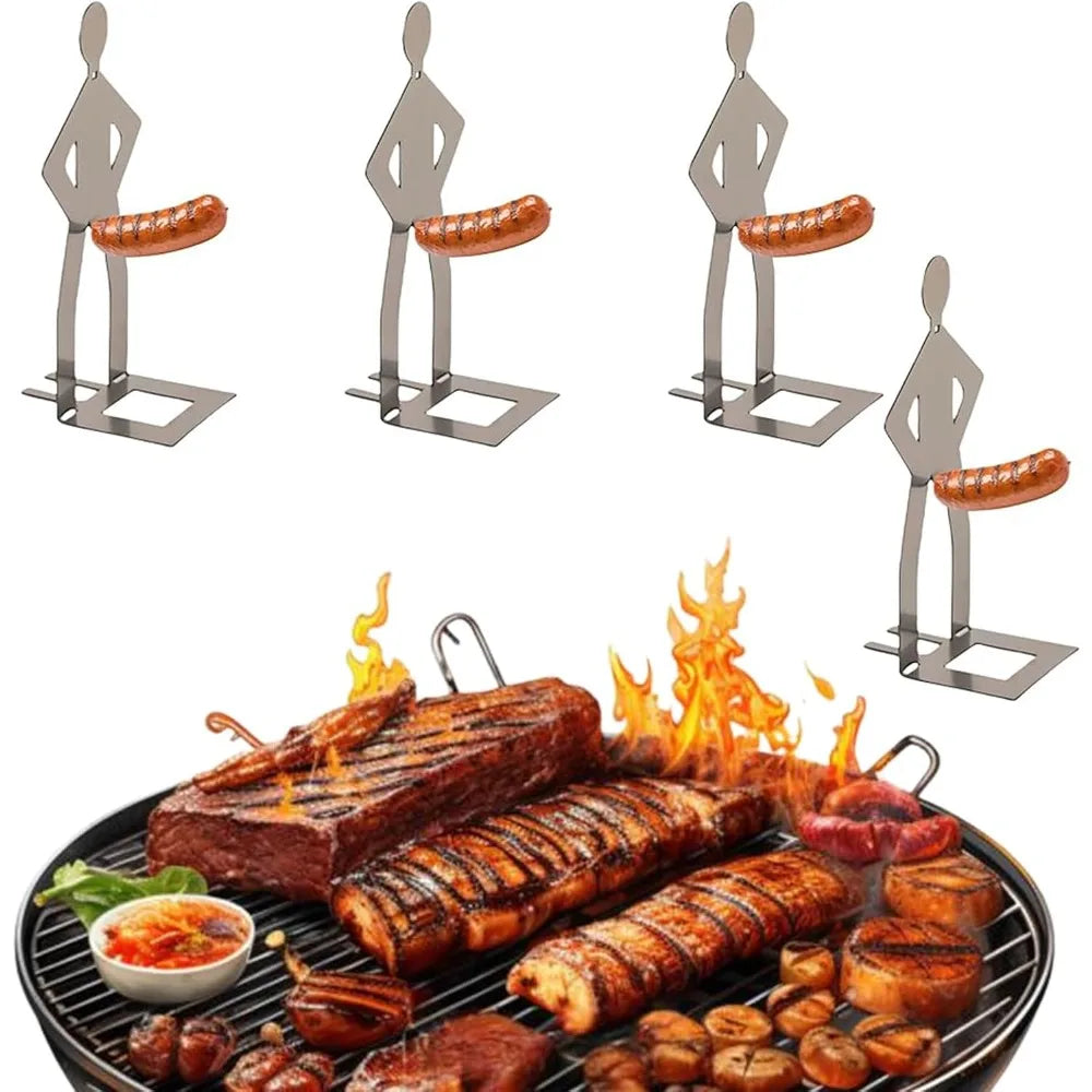 4 PCS Hot Dog Sausage Stand Holder Standing Man Sausage Barbecue Rack Reusable Stainless Steel Hotdog and Sausage Stand