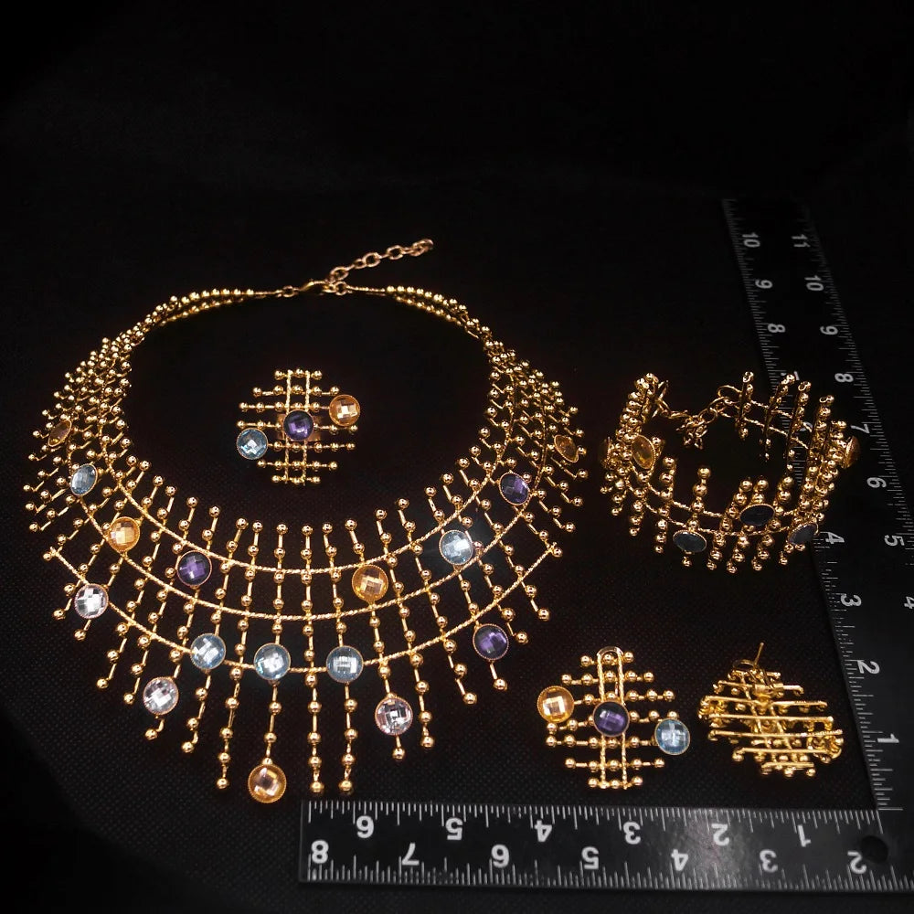 24k Gold Plated Women Jewelry Set Necklace  Chain Earrings Bangle Ring Multi Color Stone
