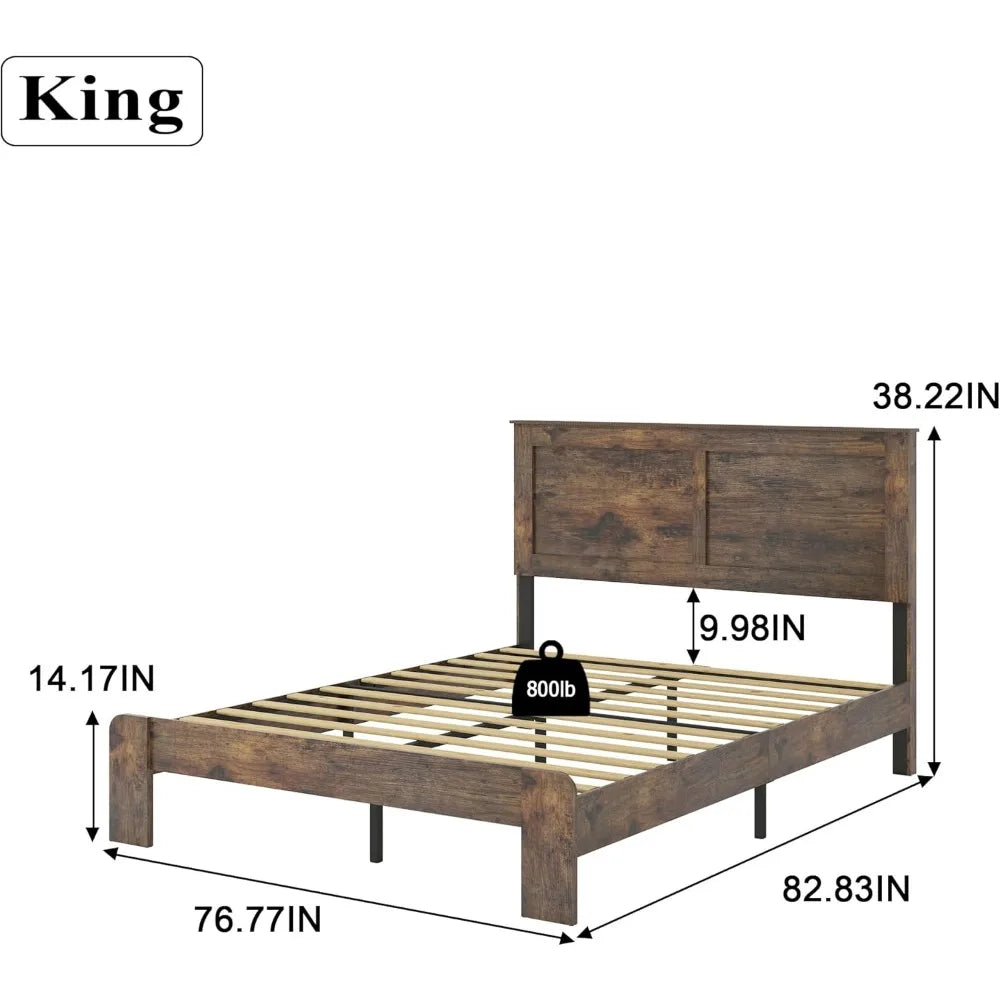 Bed Frame, Rustic Vintage Platform Bed Frame with Wood Headboard and Footboard, 12 Wood Slats Support