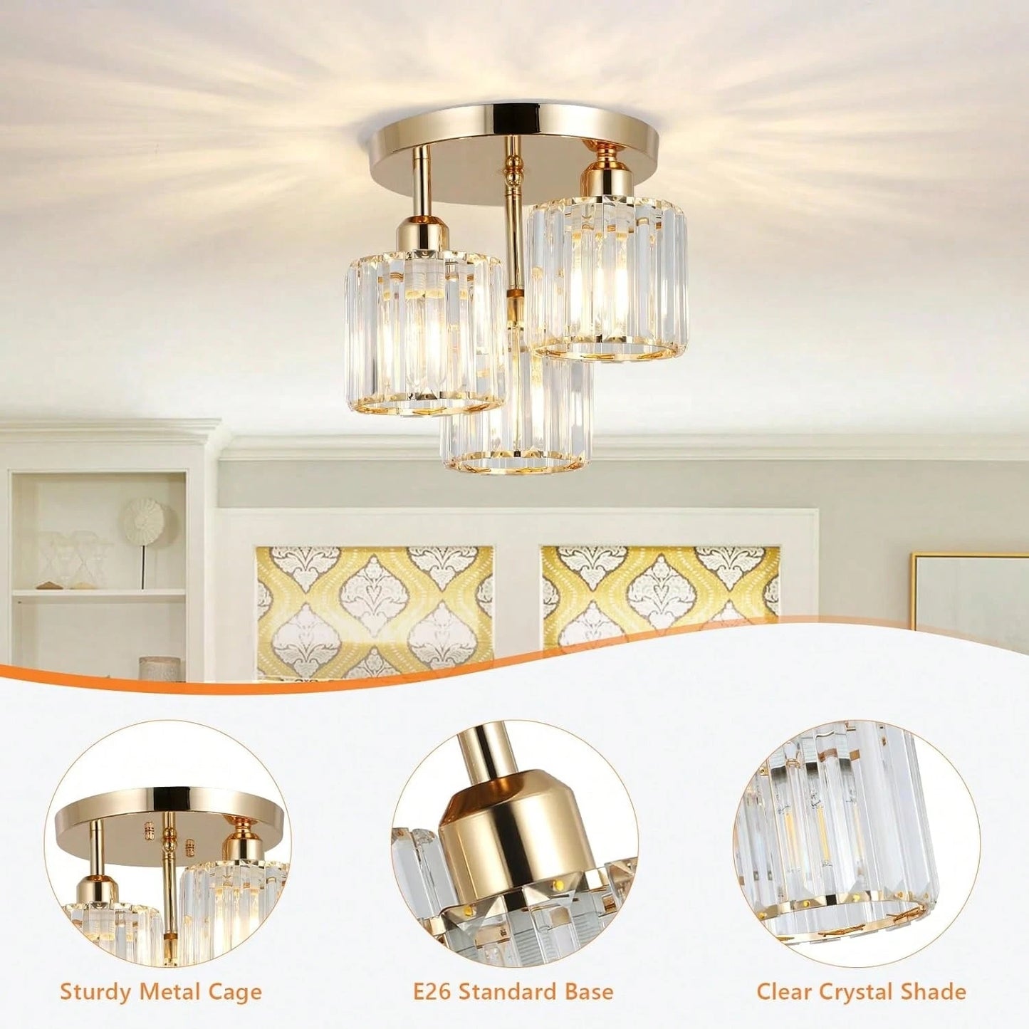 3-Light Modern Semi-Flush Mount Ceiling Light, Gold Crystal Glass Close To Ceiling Lighting Fixture For Kitchen Hallway Bedroom