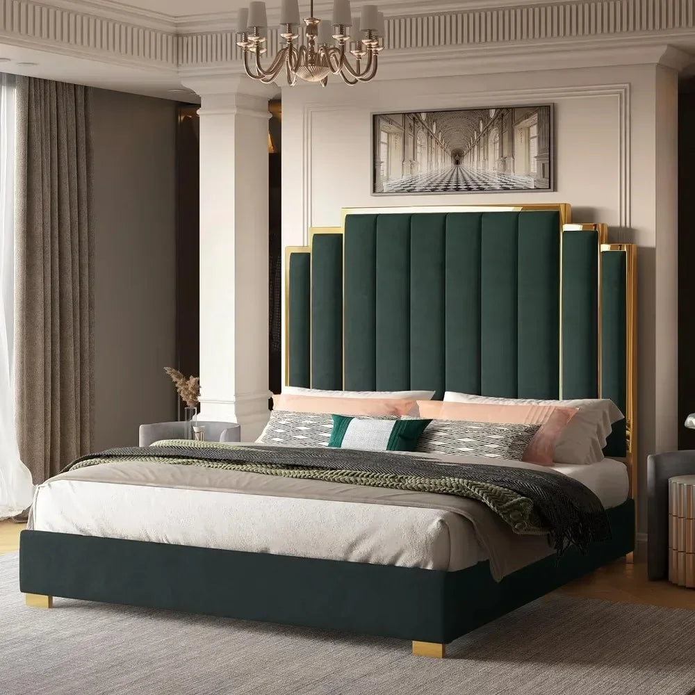King Size Platform Bed Frame, 65" Velvet Upholstered Bed with Gold Trim Headboard/Wooden Slats/No Box Spring Needed/Green
