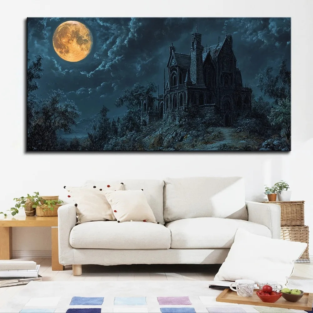 1.5 inch thick pine solid wood frame, Halloween horror old house canvas art - home decor wall art