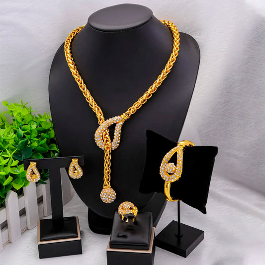 Dubai 24K Gold Plated Gold Women Jewelry Sets Classic Design Necklace Earrings Charm Bracelet Ring Banquet Party Jewelry