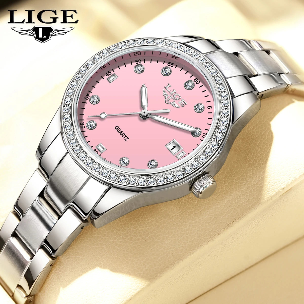 LIGE Original Diamond Dial Quartz Watch for Women Fashion Elegant Ladies Watches Stainless Steel Waterproof Women's Wristwatch