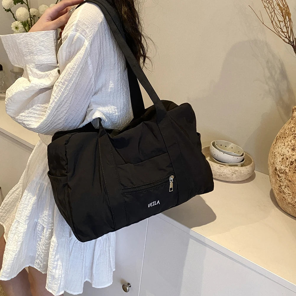Unisex Travel Shoulder Bag Solid Color Travel Carry-On Handbag Multi-Pocket Lightweight Tote Handbag Outdoor Short Trip Bag