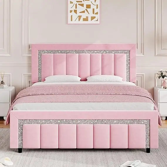 HOMBCK Full Size Bed Frame, Black Velvet Upholstered Bed Frame with Diamond Tufted Headboard and Footboard, Vertical Channel Tuf