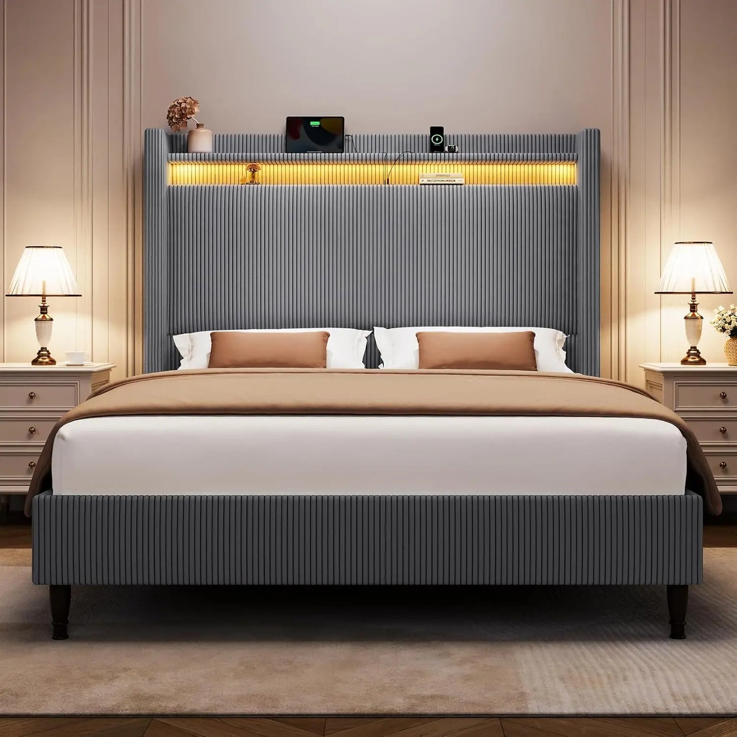 King Size Bed Frame with Tall Headboard, 55.3" Corduroy Upholstered Platform Bedframe with LED Lights & Charging Station