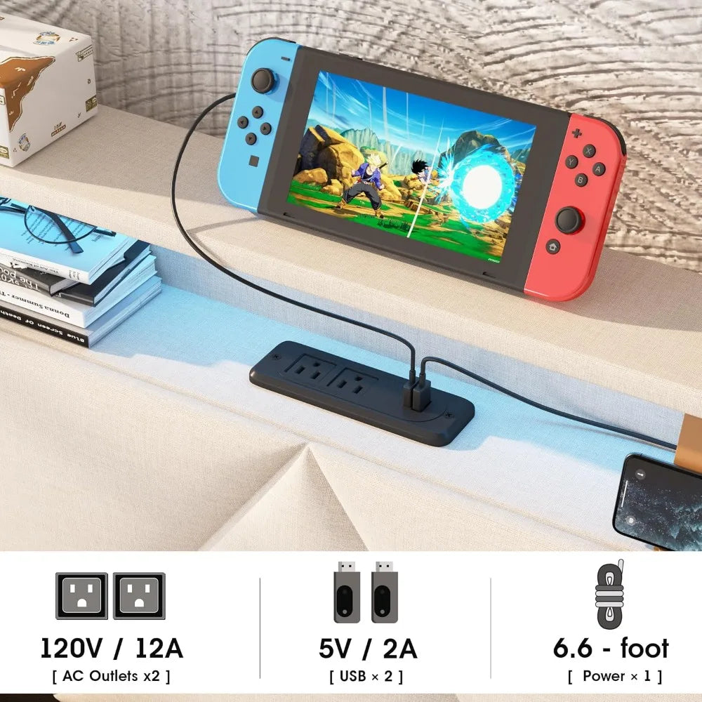 Full Bed Frame with Storage Headboard and 4 Drawers,Upholstered Platform Charging Station and Led Lights,Adjustable Headboard