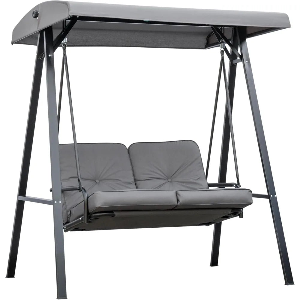 2 Seater Garden Swing Chair with Adjustable Tilting Canopy, Outdoor Hammock Bench with Steel Frame for Patio