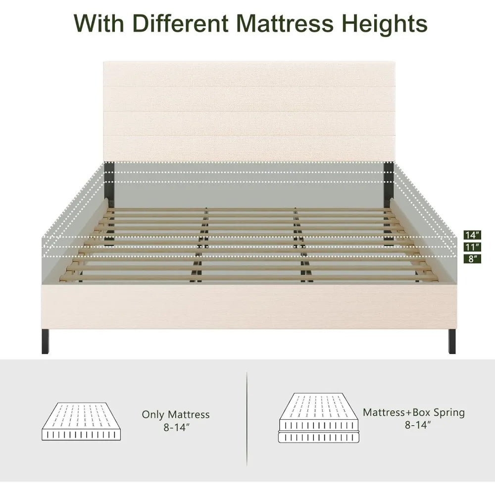 Bed Frame, Modern Upholstered Bed Frame King with Adjustable Linen Headboard, Wooden Slats Support Platform