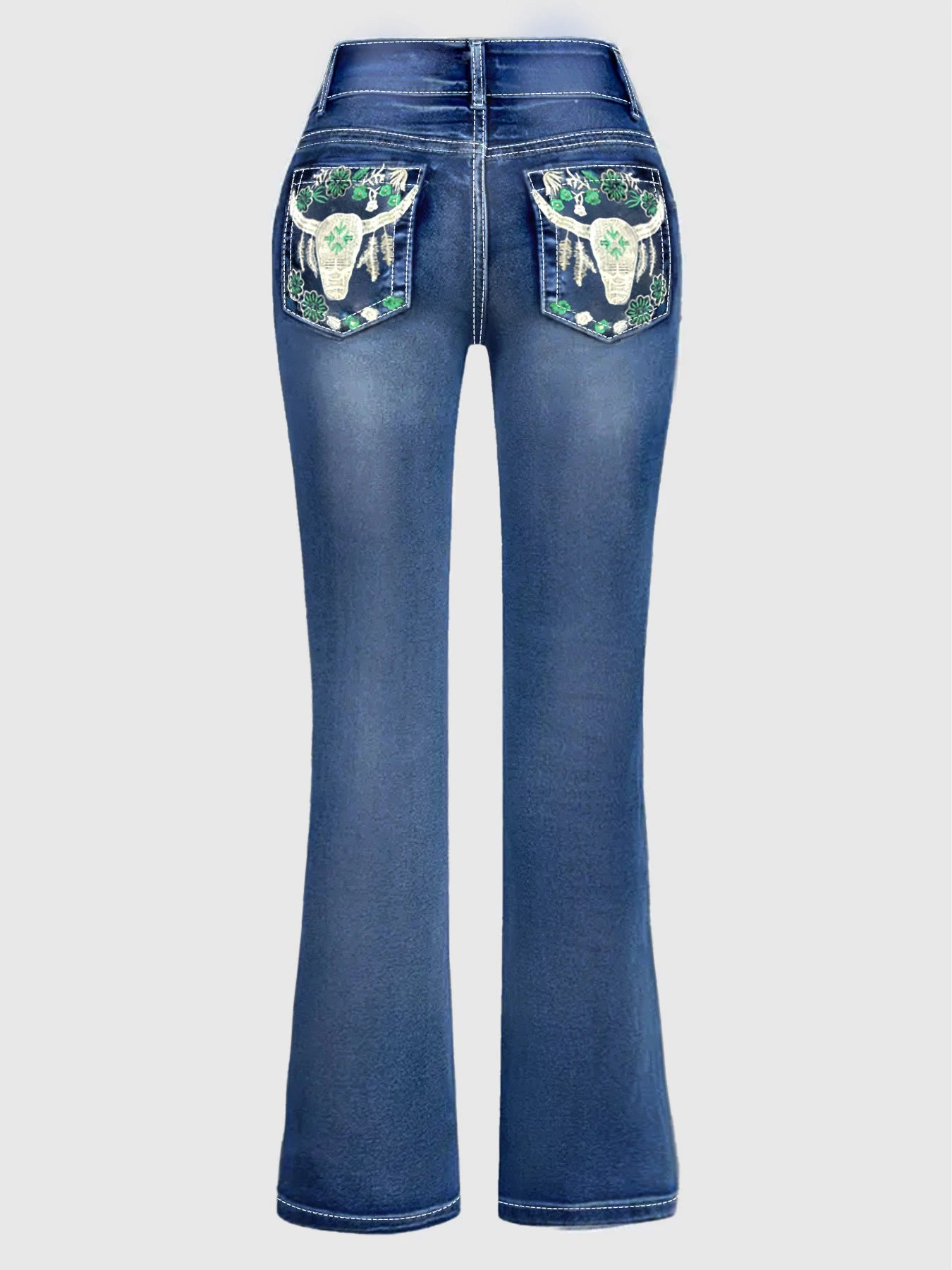 Blue bull head embroidered back bag slightly pulled pants street retro style four seasons suitable for women's large size jeans