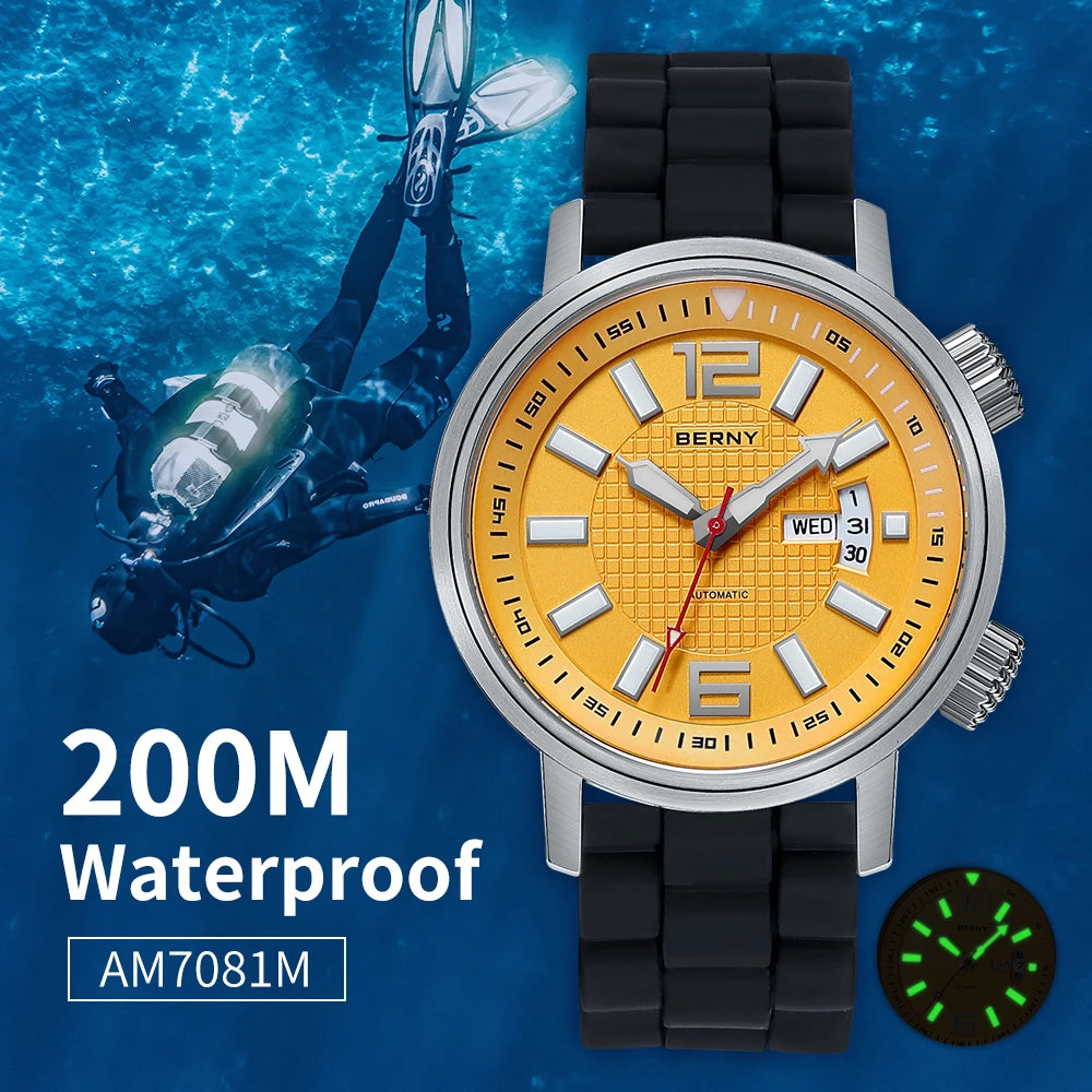 20ATM Diver Automatic Watch for Men Swim Mechanical Wristwatch Calendar Super Luminous Sapphire Lens Sport Watch Men Waterproof
