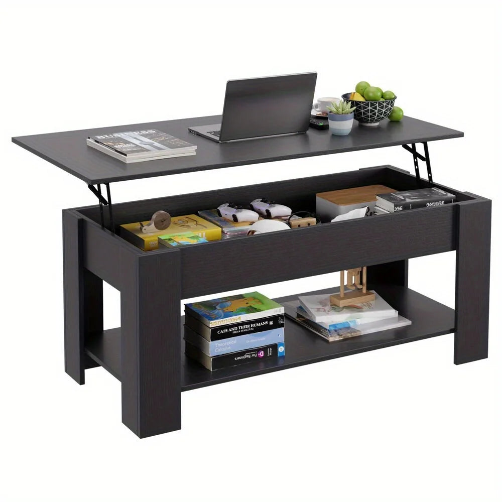 Elevating coffee table with hidden compartment and storage shelf