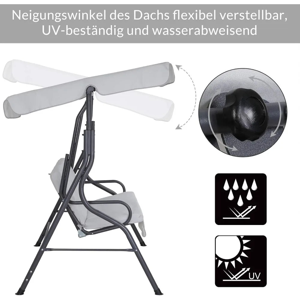 Garden Swing Chair, 2 Seater, Weatherproof Rocking Bench with Roof and Backrest, Non-Slip Feetm Patio Seat, Patio Swing Bench