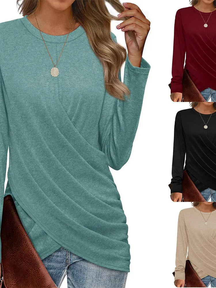 Women's Clothing 2024 Autumn Winter New Solid Color T-shirt Casual Round Neck Cross Pleated Loose Long Sleeved Top